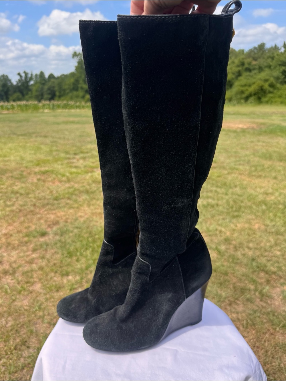 Ladies Tory Burch Black Suede Knee-High Wedge Boots - Women's Fashion Boot